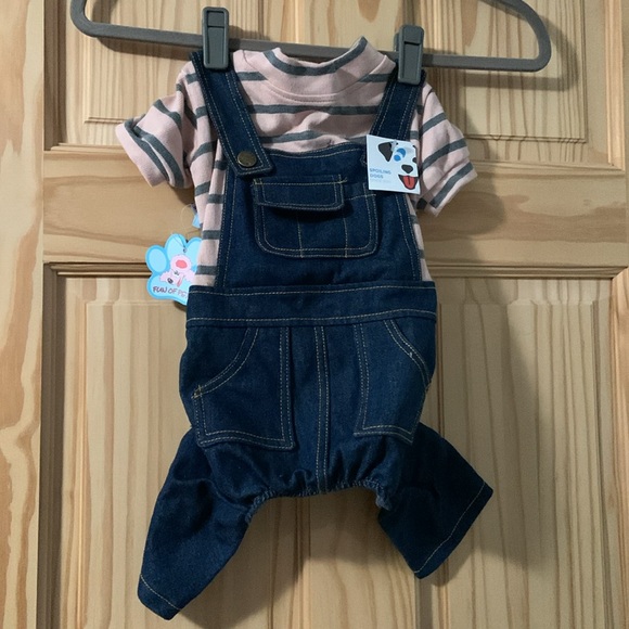 Denim/Pink Stripped Dog Onesie Outfit - Picture 2 of 9